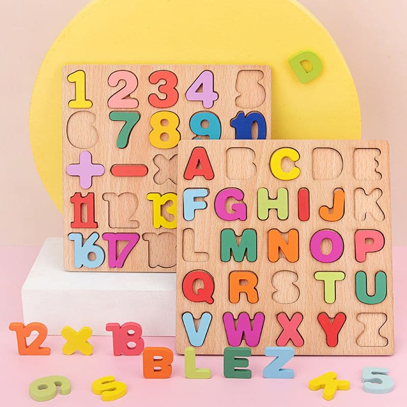 知育玩具 モンテッソーリ 木製文字と数字のはめ込みパズルセット